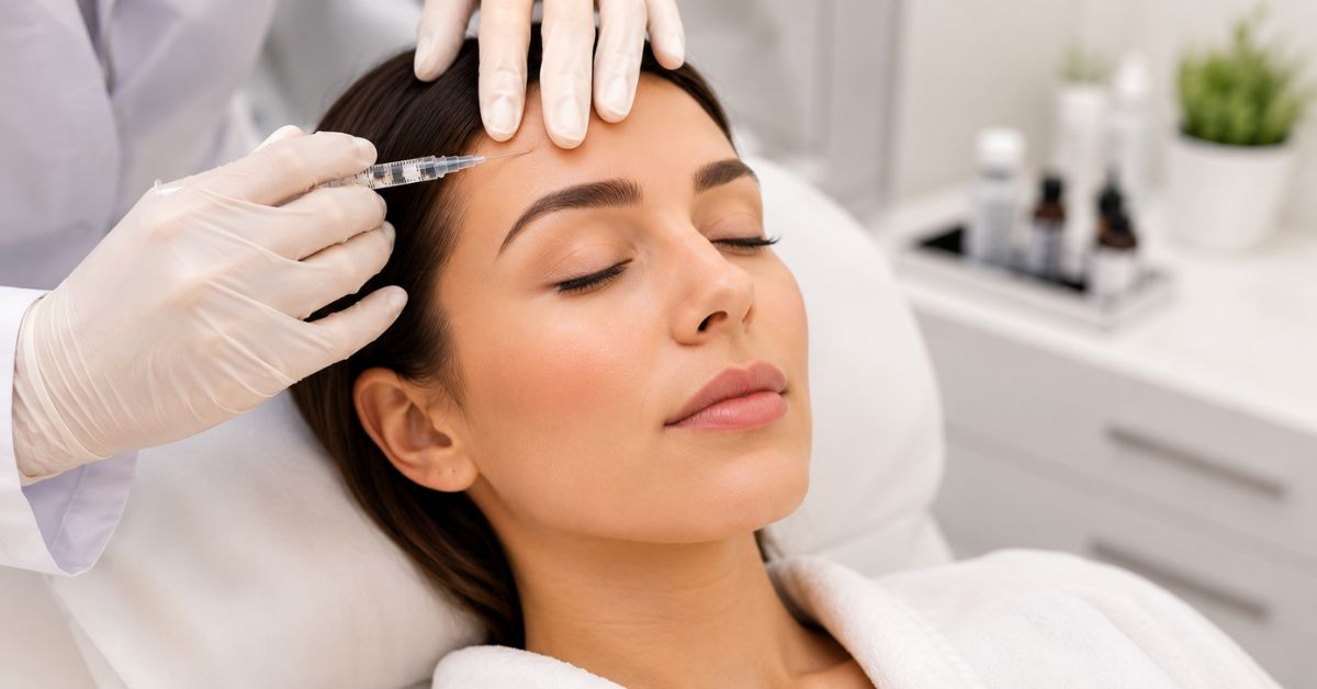 Woman receiving Botox injection on forehead at cosmetic clinic”